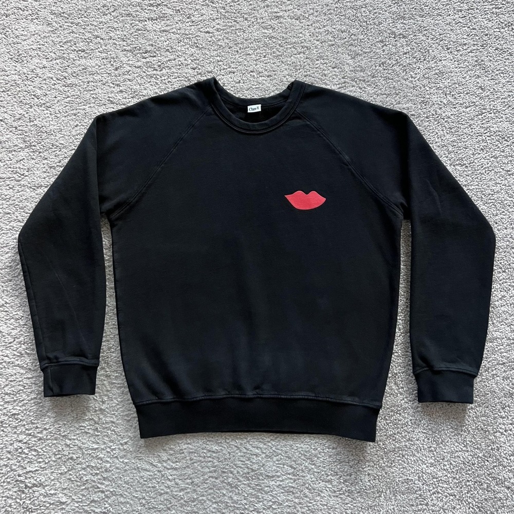Clare V. Lips Graphic Sweatshirt Womens XS Black Fleece Crewneck Pullover